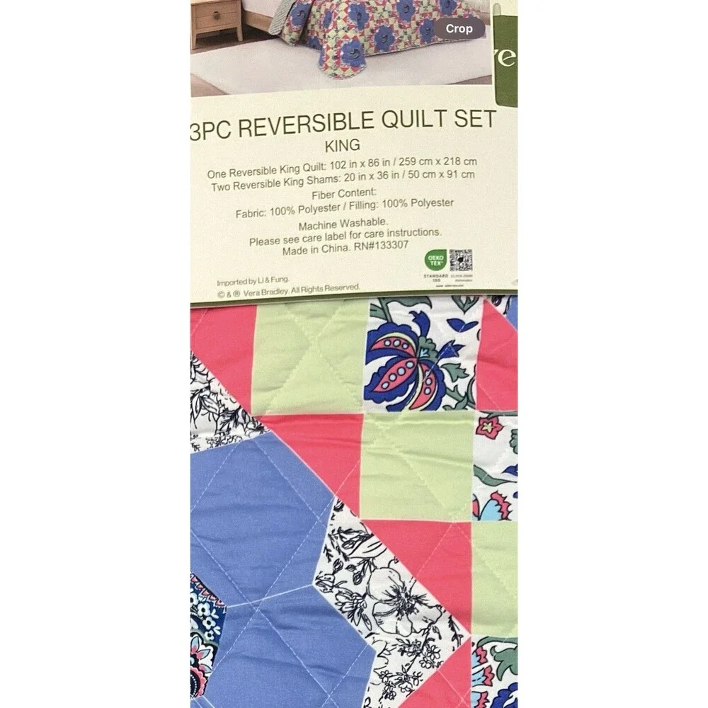 Vera Bradley King Quilt Set 3 Piece Reversible Floral Patchwork Blue Green Shams